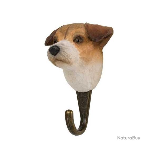 Pat�re Chien Jack Russell - bois sculpt� et peint � la main, crochet m�tal bronze (6,4 � 5,8 � 9,8 c