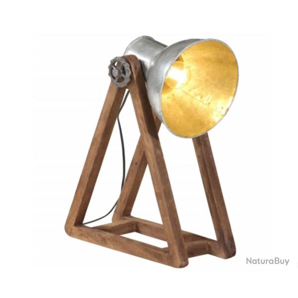 Lampe de Bureau Vintage en Bois de Manguier et M�tal - 25W, Style Industriel, Argent Vieilli