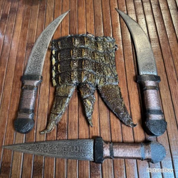 RARE TRIO DE POIGNARDS MAHDISTE DU SOUDAN FOURREAU EN ALLIGATOR XlX �me