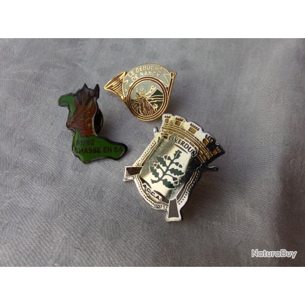 lot de 3 pin's de chasse Meurthe et Moselle 91/92 - Dbuch Nancy - ACCA Liverdun