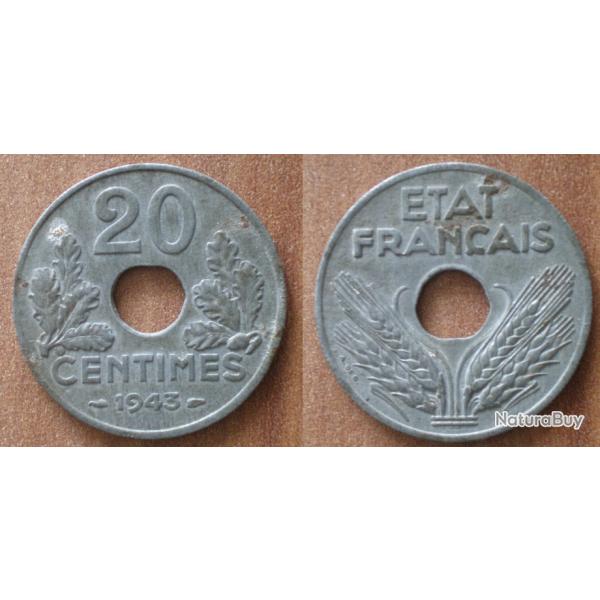 France 20 Centimes 1943 Etat Francais Vichy Piece Centime de Franc