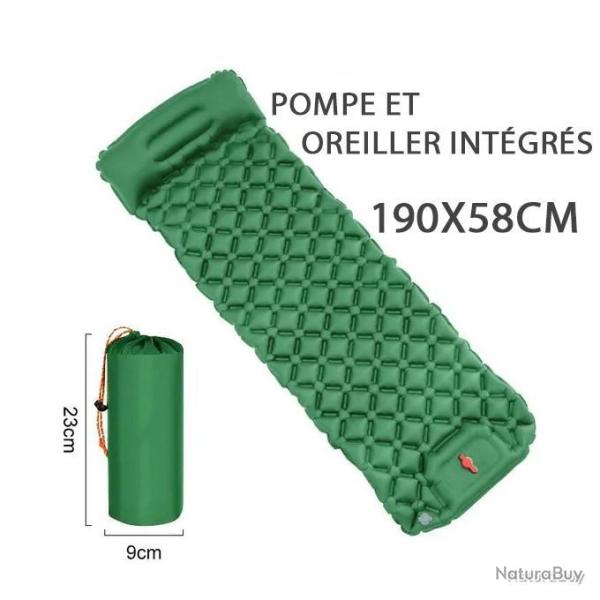 MATELAS CAMPING GONFLABLE AVEC OREILLER ET POMPE INT�GR�S VERT - LIVRAISON GRATUITE