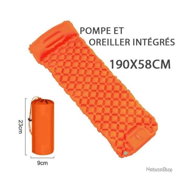 MATELAS CAMPING GONFLABLE AVEC OREILLER ET POMPE INT�GR�S ORANGE - LIVRAISON GRATUITE