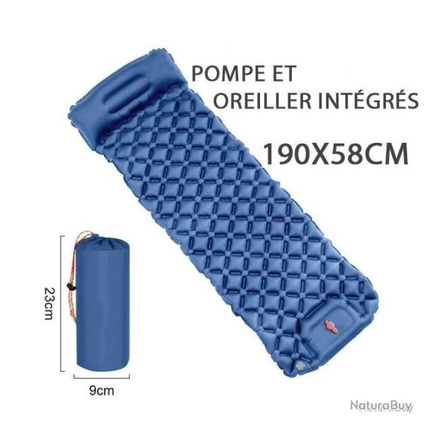 MATELAS DE CAMPING GONFLABLE AVEC OREILLER ET POMPE INT�GR� - BLEU FONC� - LIVRAISON GRATUITE