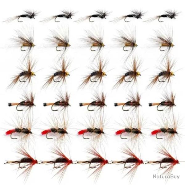 Lot de 30 mouches de p�che � la mouche s�ches, noy�es, nymphes