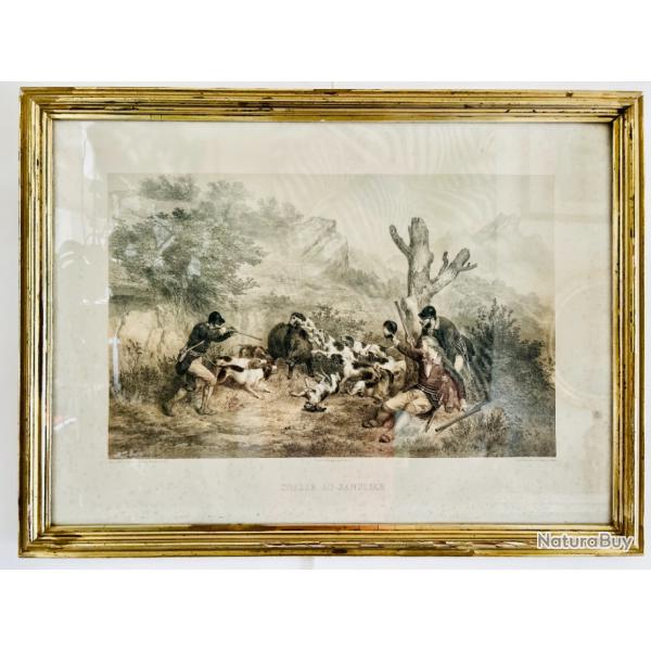 Lithographie par Fran�ois GRENIER ( 1793 - 1867 ) Edit�e par Ledot.  CHASSE AU SANGLIER
