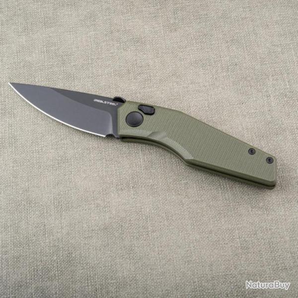 Couteau Real Steel Spectrum Green Lame Acier Nitro V Black Manche G10 IKBS Button Lock RS7142GB