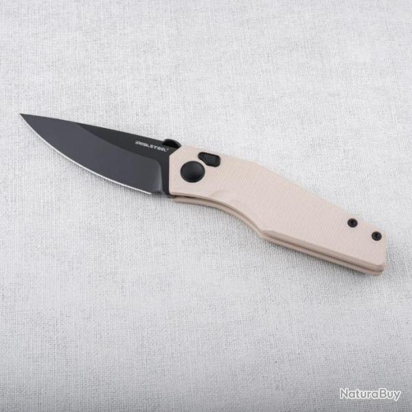 Couteau Real Steel Spectrum Tan Lame Acier Nitro V Black Manche G10 IKBS Button Lock RS7142IB