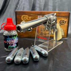 Pack pr&ecirc;t &agrave; tirer "REVOLVER COLT SA ARMY" 45 5.5'' CO2 CAL BB/4.5 NICKEL PLATED