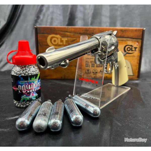Pack pr�t � tirer "REVOLVER COLT SA ARMY" 45 5.5'' CO2 CAL BB/4.5 NICKEL PLATED