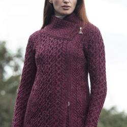 Manteau femme chaud en laine m&eacute;rinos col et zip asym&eacute;trique S (small) rose framboise