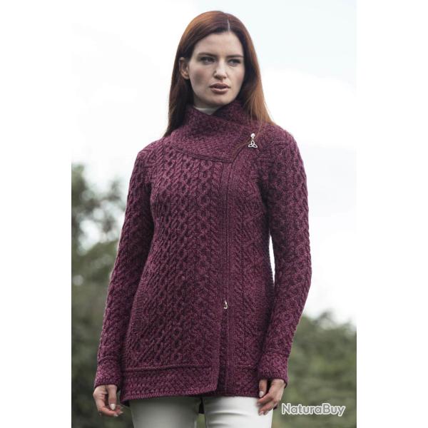 Manteau femme chaud en laine m�rinos col et zip asym�trique S (small) rose framboise