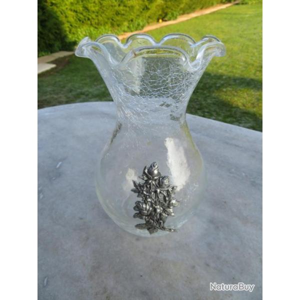 Grand vase vintage en verre craquel� � d�cor en �tain de Bouquet de Rose - FRANCE (Vers 1970-80)