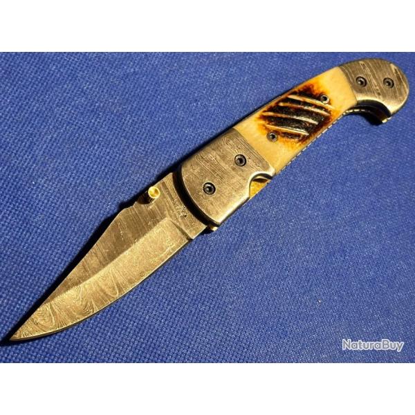 Beau et solide pliant lame Damas - Os bruni - Liner lock (Ench�re basse)