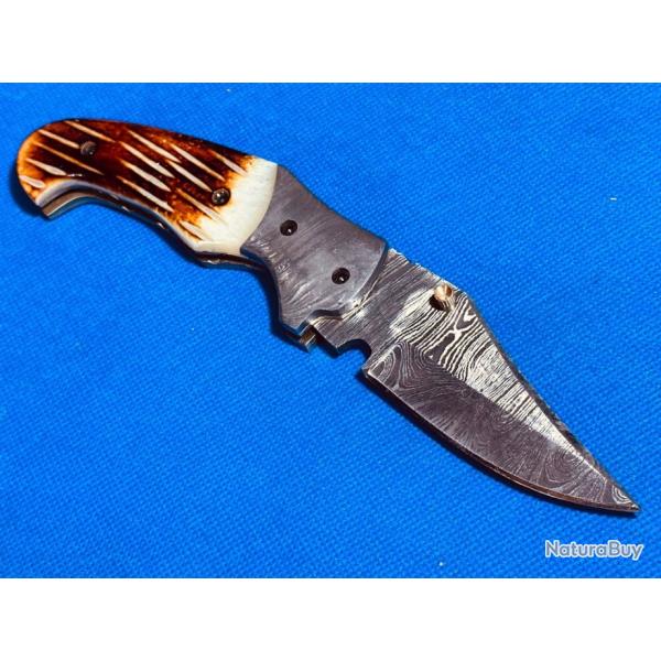 Beau et solide pliant lame Damas - Os bruni - Liner lock (Ench�re basse) (2)
