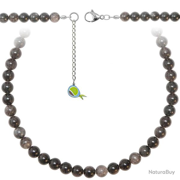 Collier en obsidienne argent�e - Perles rondes 8 mm - 43 cm