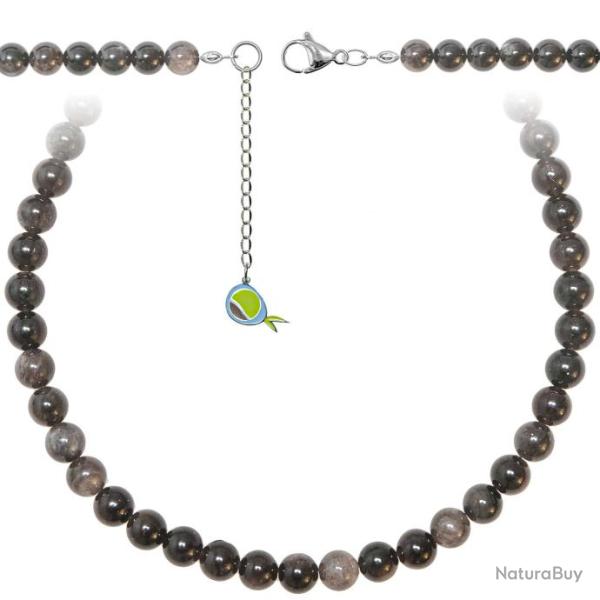 Collier en obsidienne argent�e - Perles rondes 8 mm - 55 cm
