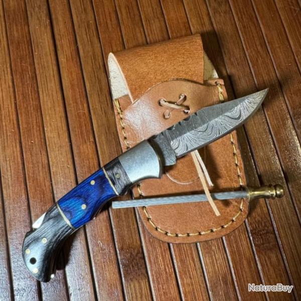 COUTEAU DE POCHE PLIANT A VERROUILLAGE DE LAME EN DAMAS FORG� MAINS DANS SONT �TUIS CUIR ET FUSIL
