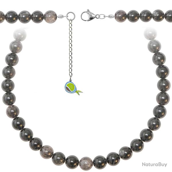 Collier en obsidienne argent�e - Perles rondes 10 mm - 50 cm