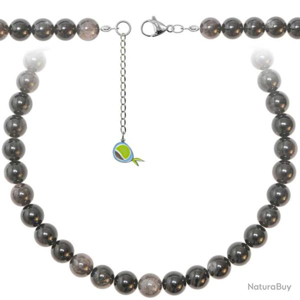 Collier en obsidienne argent�e - Perles rondes 10 mm - 60 cm