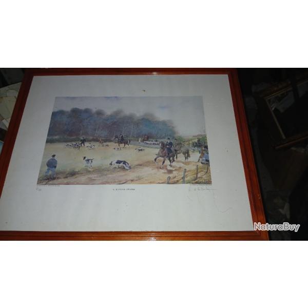 Tableau lithographie Signe numrote Antoine de La Boulaye chasse  courre, rallye Araize