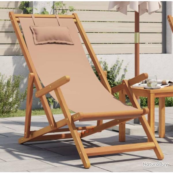 Chaise de plage, de jardin, d'�t� pliante - Taupe - Bois massif Eucalyptus et tissu