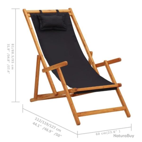 Chaise de plage pliante - Bois d'Eucalyptus massif et tissu Noir