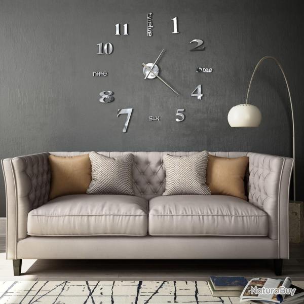 Horloge murale 3D Design moderne 100 cm XXL Argent� alsavelo