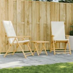 bistro pliante 3 pcs et coussins blanc cr&egrave;me bambou