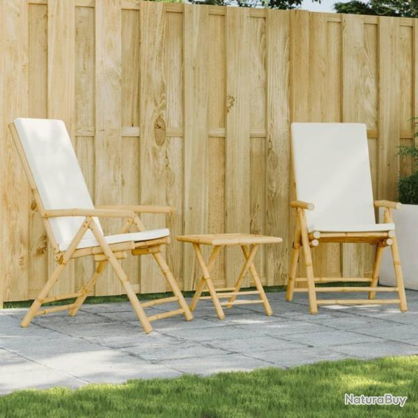 bistro pliante 3 pcs et coussins blanc cr�me bambou