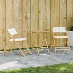bistro pliante 3 pcs et coussins blanc cr&egrave;me bambou