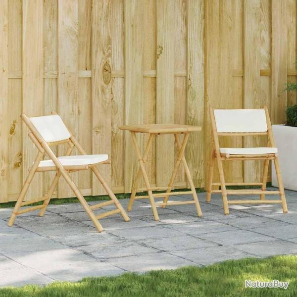 bistro pliante 3 pcs et coussins blanc cr�me bambou