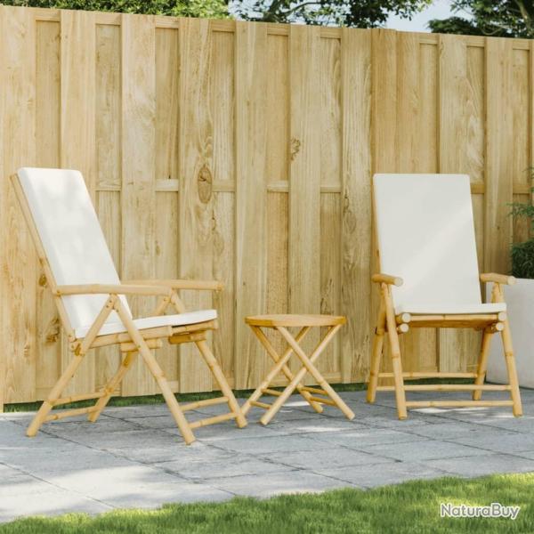 Ensemble de bistro pliante 3 pcs et coussins blanc cr�me bambou