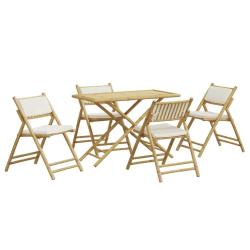 bistro pliante 5 pcs et coussins blanc cr&egrave;me bambou