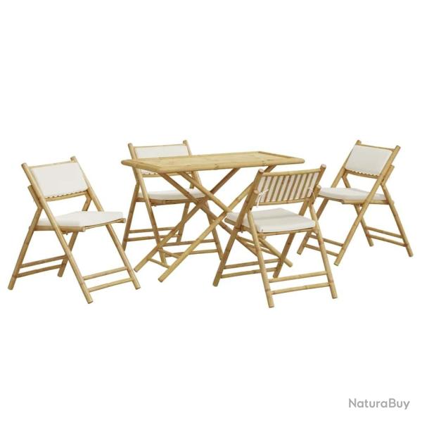 bistro pliante 5 pcs et coussins blanc cr�me bambou
