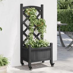 Jardini&egrave;re avec treillis et roues gris bois massif de sapin