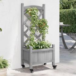 Jardini&egrave;re avec treillis et roues gris bois massif de sapin