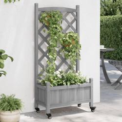 Jardini&egrave;re avec treillis et roues gris bois massif de sapin
