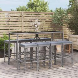 bar de jardin 9 pcs avec coussins gris poly rotin alsavelo