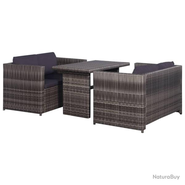 bistro 3 pcs avec coussins gris r�sine tress�e