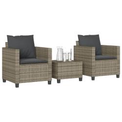 bistro 3 pcs avec coussins gris r&eacute;sine tress&eacute;e