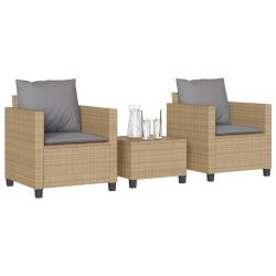 bistro 3 pcs avec coussins beige r&eacute;sine tress&eacute;e