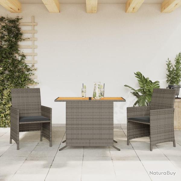 bistro 3 pcs avec coussins gris r�sine tress�e