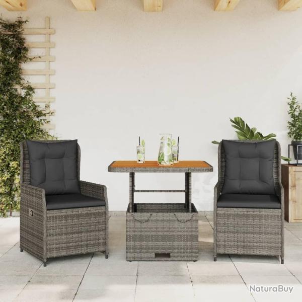 bistro 3 pcs avec coussins gris r�sine tress�e