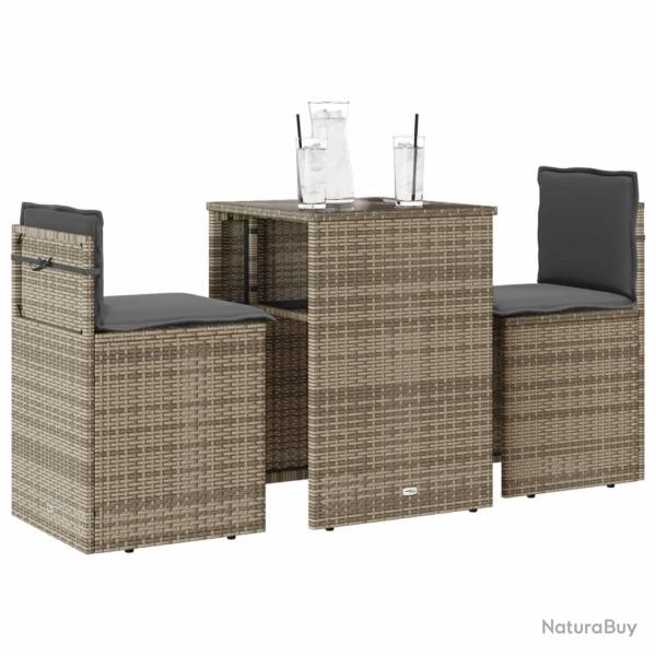 bistro 3 pcs avec coussins gris r�sine tress�e