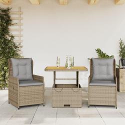 bistro 3 pcs avec coussins beige r&eacute;sine tress&eacute;e alsavelo