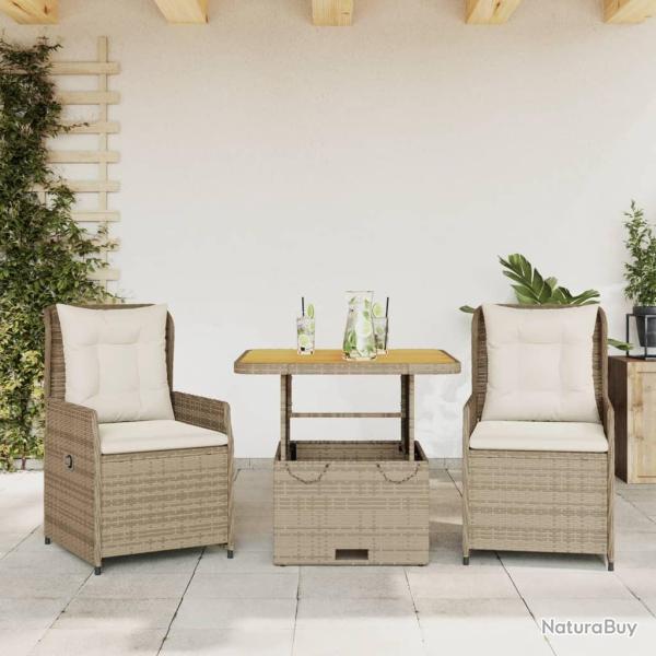 bistro 3 pcs avec coussins beige r�sine tress�e