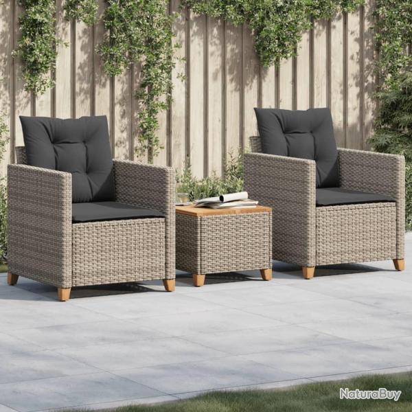 bistro 3 pcs et coussins gris r�sine tress�e acacia alsavelo
