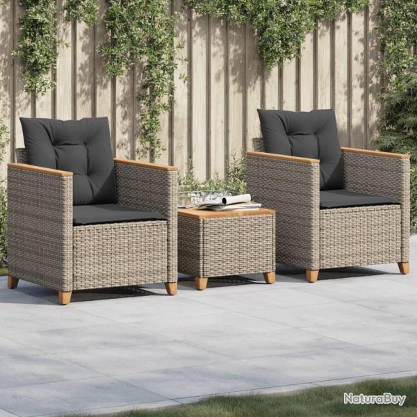 bistro 3 pcs et coussins gris r�sine tress�e acacia