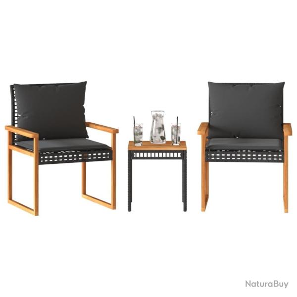 bistro 3 pcs et coussins noir r�sine tress�e acacia